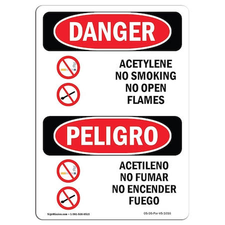 Signmission OSHA Sign, Acetylene No Smoking No Open Flame Bilingual, 14in X 10in Decal, 10" W, 14" L, Spanish OS-DS-D-1014-VS-1016